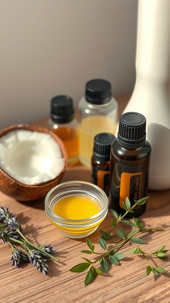 Essential oils for natural remedy with bottles, herbs, and coconut oil on a wooden surface.